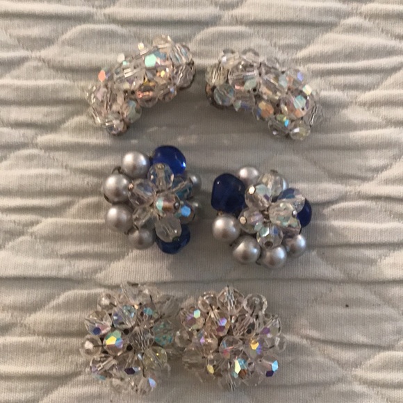 Set of 5 Clear Faceted Clip On Earring and 1 Brooch Pin - Picture 3 of 13